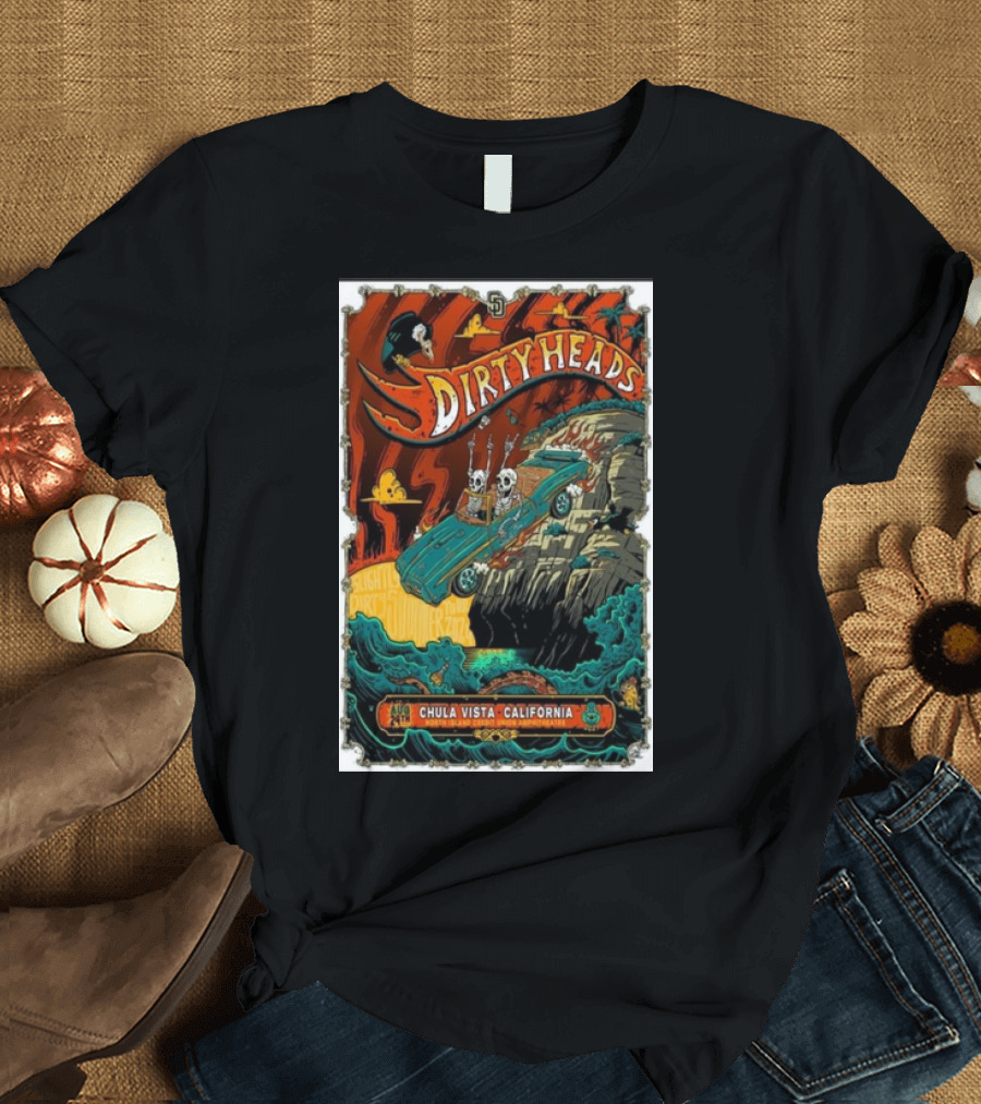 Dirty Heads Chula Vista California Aug 24 2024 North Island Amphitheatre Skeletons in Convertible Cliff Scene T-Shirt