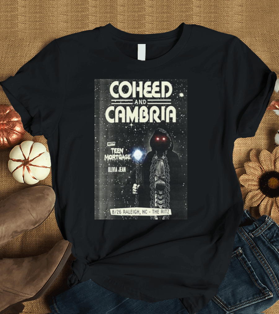 Coheed And Cambria 8/26 Raleigh NC The Ritz With Teen Mortgage Olivia Jean Mysterious Hooded Figure With Cosmic Background T-Shirt