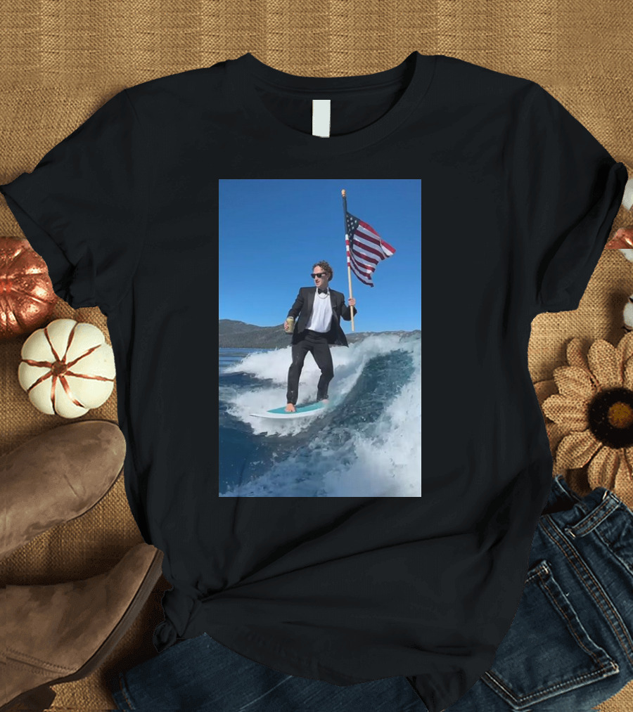 Mark Zuckerberg Surfs in Tux Holding US Flag for Happy Birthday America Message T-Shirt