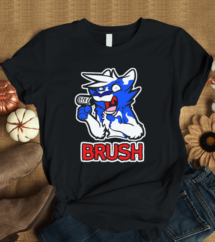Fox Brush Cartoon Blue and White Character with Microphone T-Shirt
