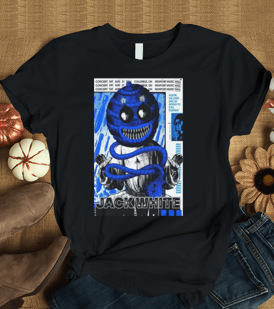 Jack White Concert Sat Aug 31 2024 Columbus OH Newport Music Hall Bold Blue Grinning Globe T-Shirt