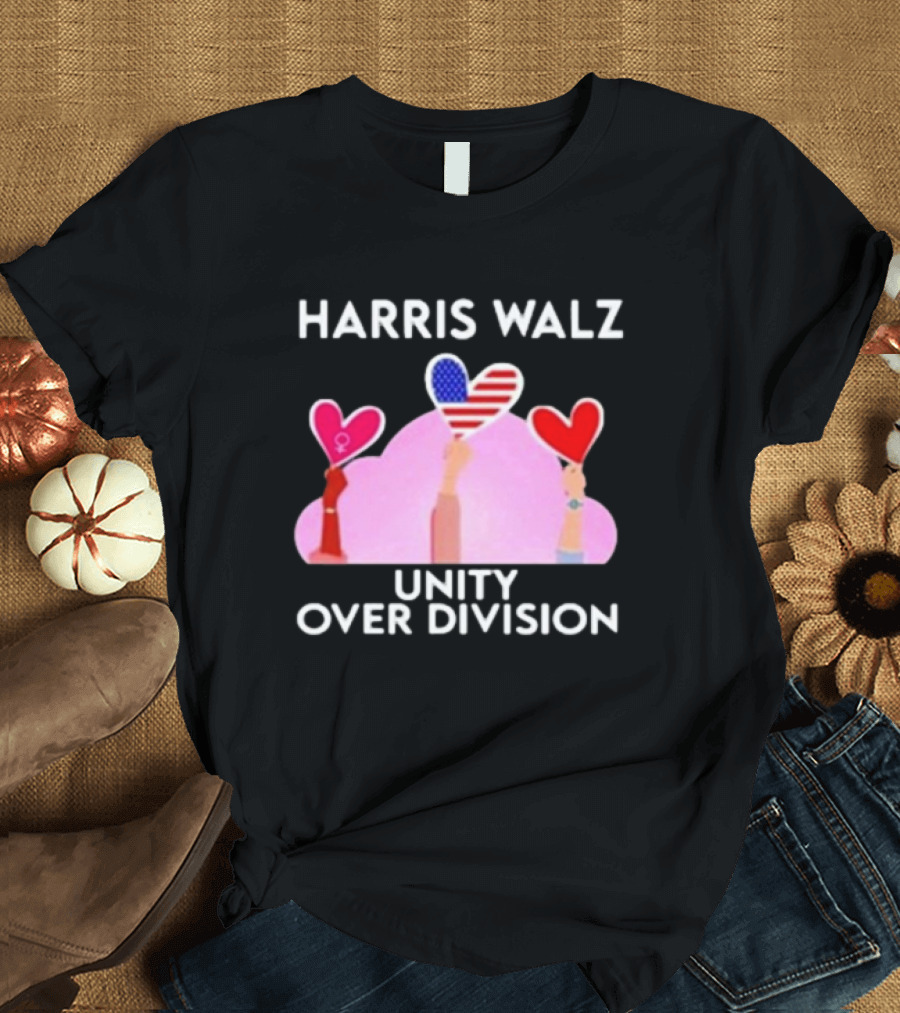 Harris Walz Unity Over Division 2024 Hearts American Flag T-Shirt