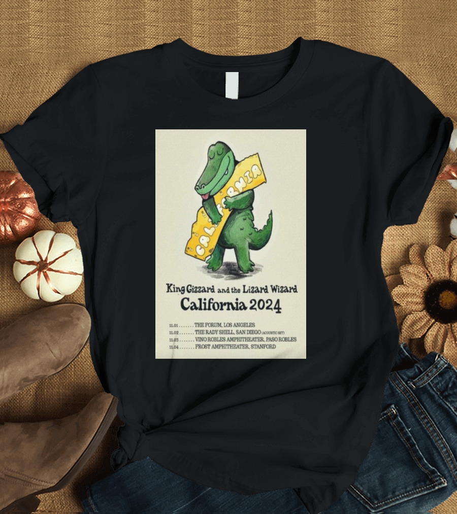 King Gizzard And The Lizard Wizard California 2024 Tour with Alligator Hugging California Sign T-Shirt