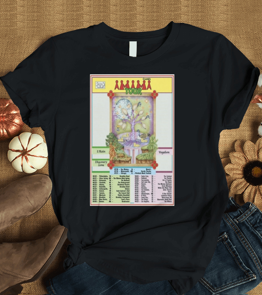 Crumb's Tour Discovery Zone U/Rain Vagabonds 2024 Magic Tree Artwork with Dates and Locations T-Shirt