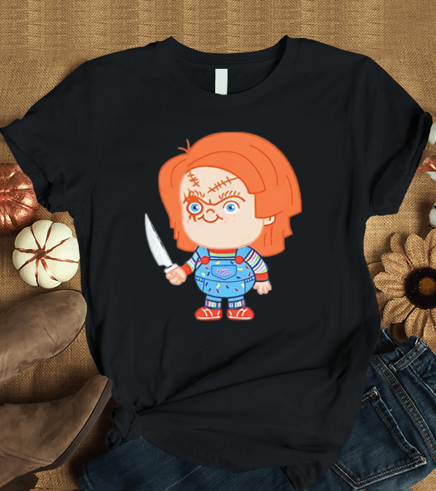 Chucky Evil Doll with Knife in Striped Lovely Overalls T-Shirt