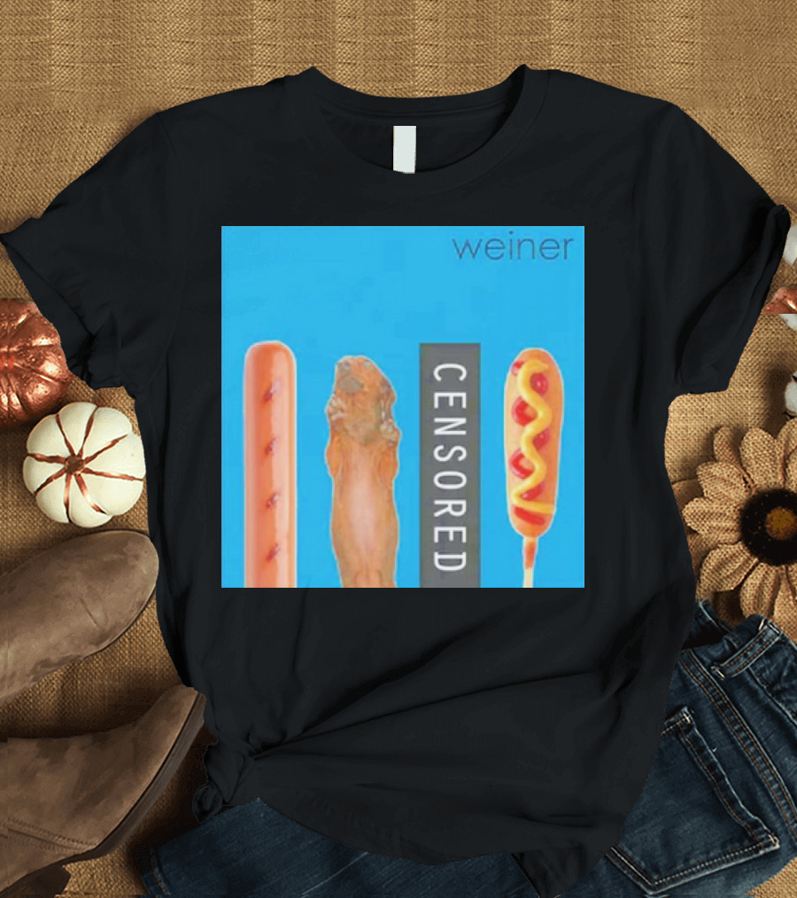 Weiner Hotdog Censored Humor Blue Background T-Shirt