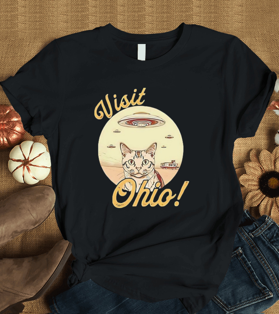 Visit Ohio Cat UFO Alien Spaceship Adventure T-Shirt