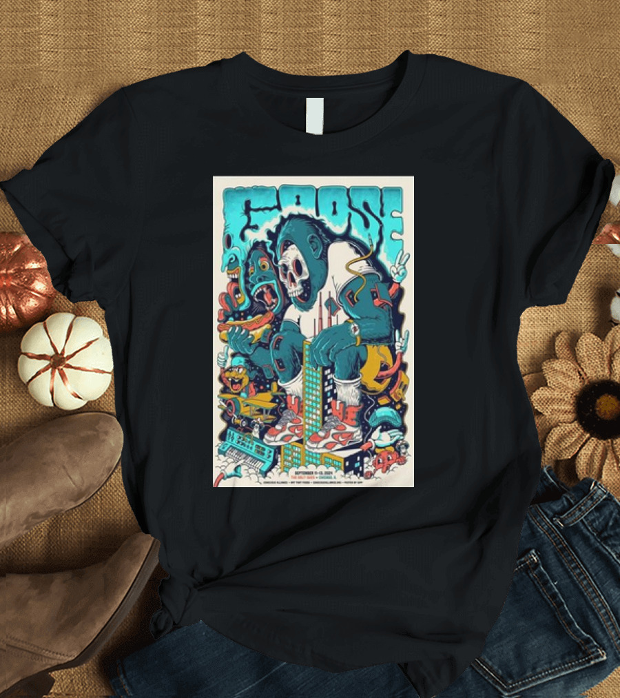 Goose September 11-13 2024 The Salt Shed Chicago IL Giant Gorilla Cityscape Vibrant Cartoon Graphics T-Shirt