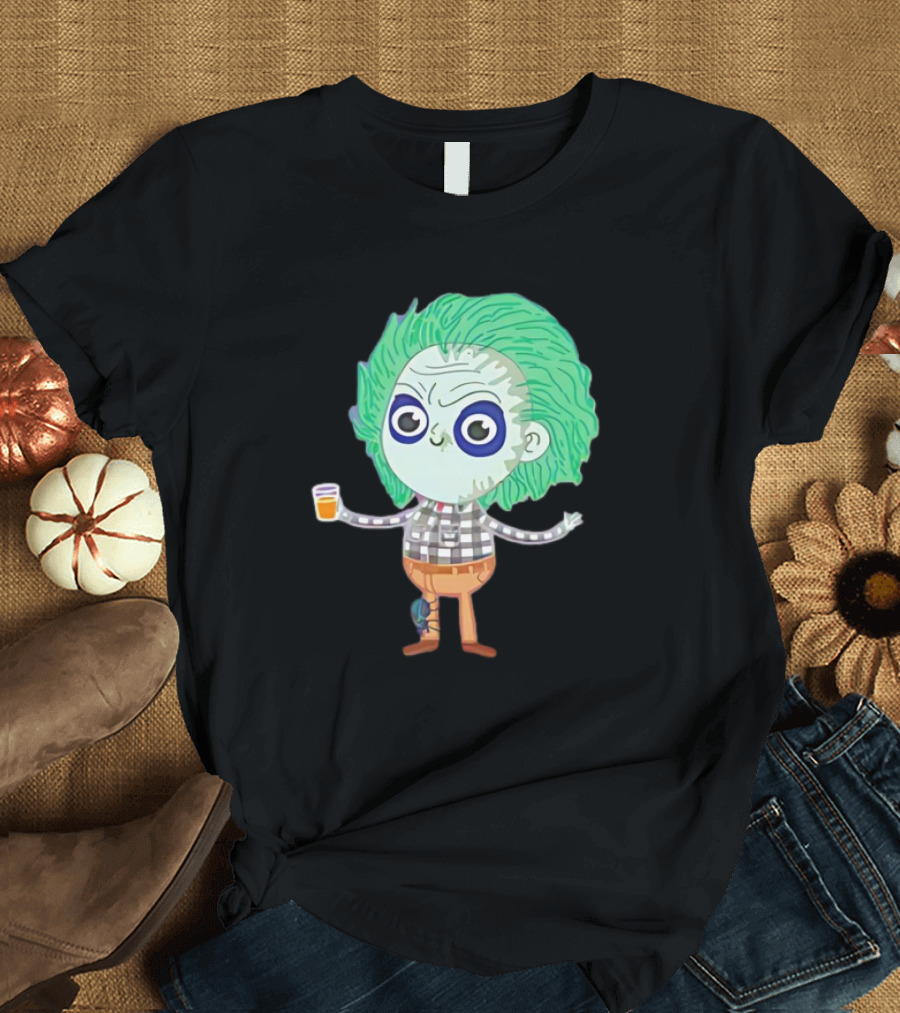 Beetlejuice Ghost Exorcist Cartoon Character with Drink T-Shirt