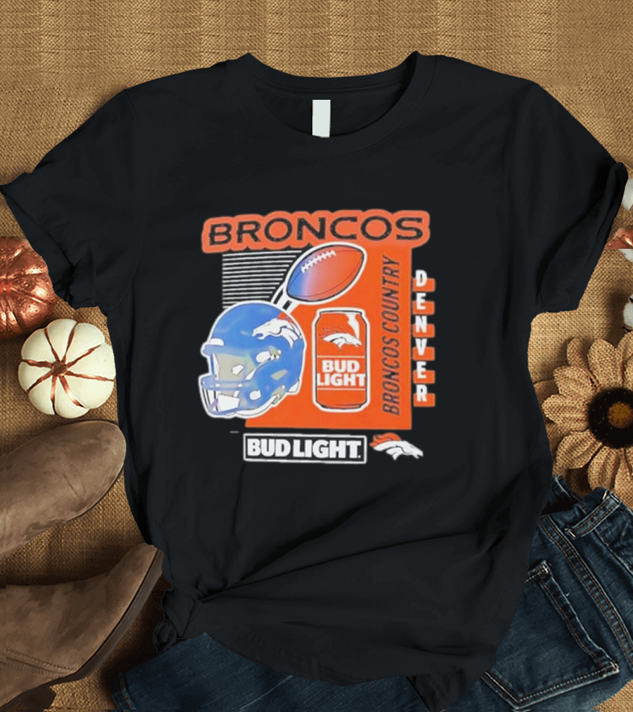 Denver Broncos Bud Light Broncos Country Denver Football Helmet and Can T-Shirt