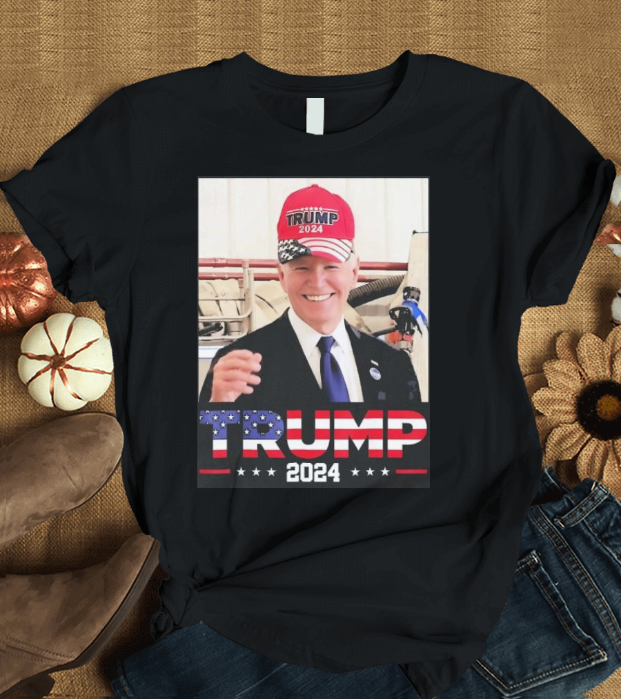 Trump 2024 Hat on Joe Biden Image with Patriotic T-Shirt