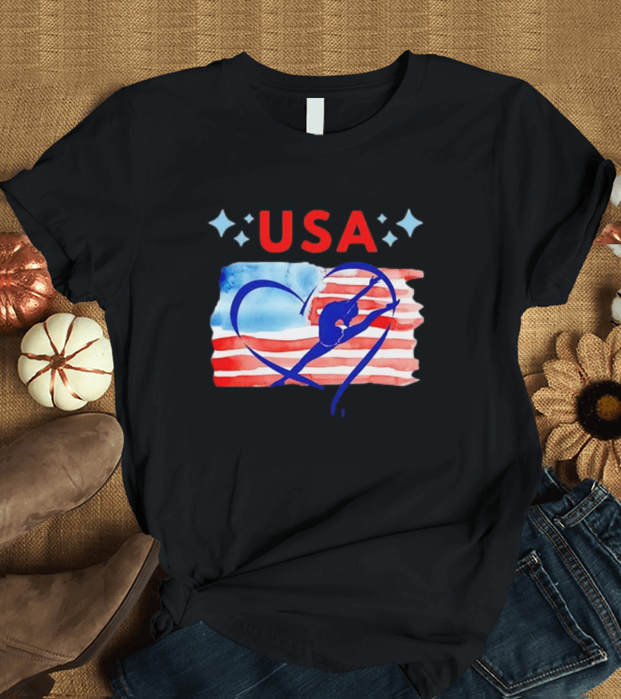 USA Patriotic American Flag Heart Gymnastics T-Shirt
