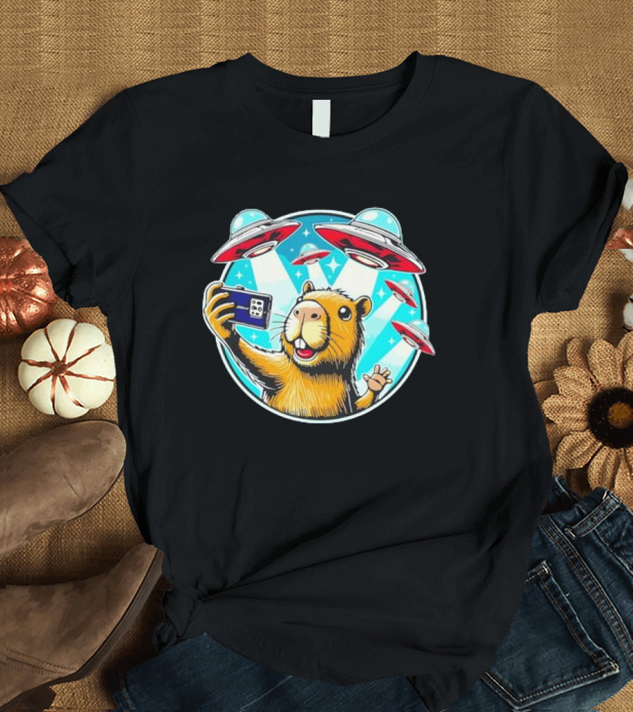 Capybara Taking Selfie with UFO Fleet Overhead T-Shirt