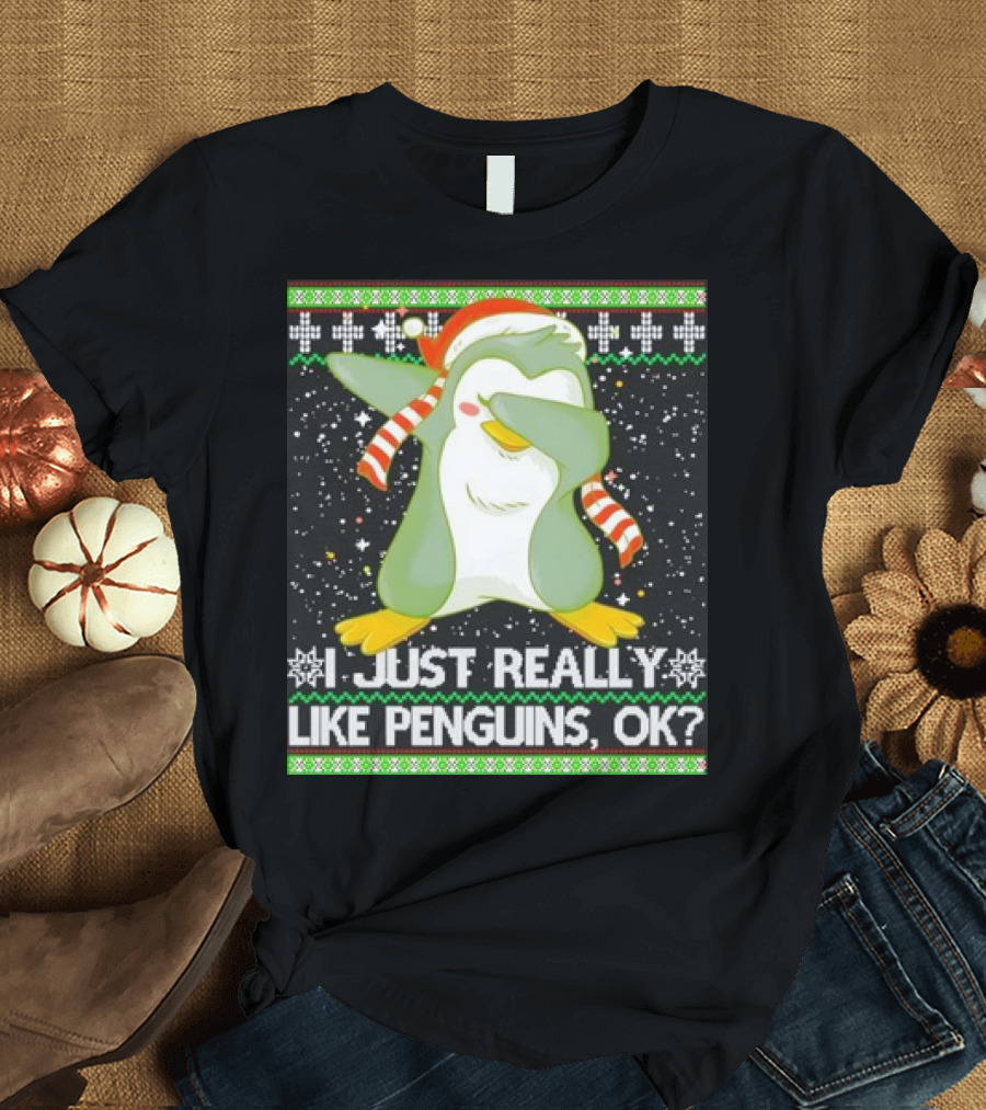 I Just Really Like Penguins Ok Ugly Christmas Cute Dabbing Penguin T-Shirt