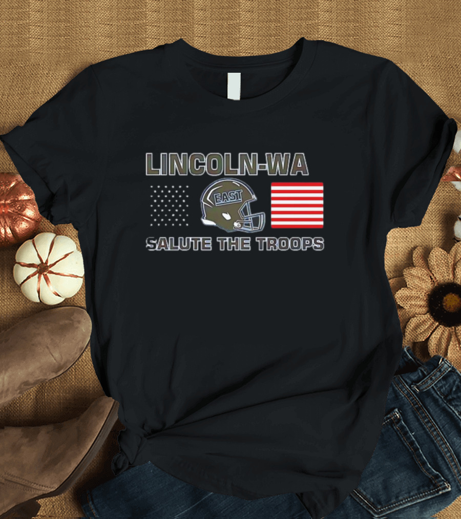 Lincoln-Way East Salute the Troops Helmet American Flag T-Shirt