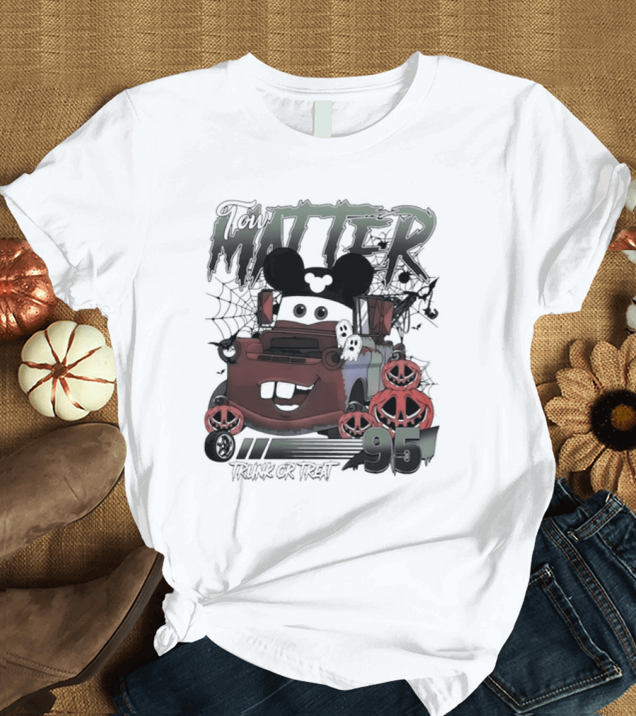 Tow Mater 95 Trunk or Treat Halloween Cartoon with Mickey Mouse Ears and Spider Webs T-Shirt