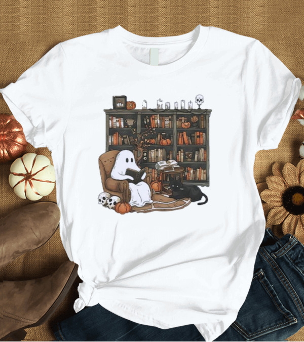 T-Shirt: Retro Ghost Reading Books Skeletons Pumpkins Black Cat Library T-Shirt Retro Ghost Reading Books Skeletons Pumpkins Black Cat Library T-Shirt