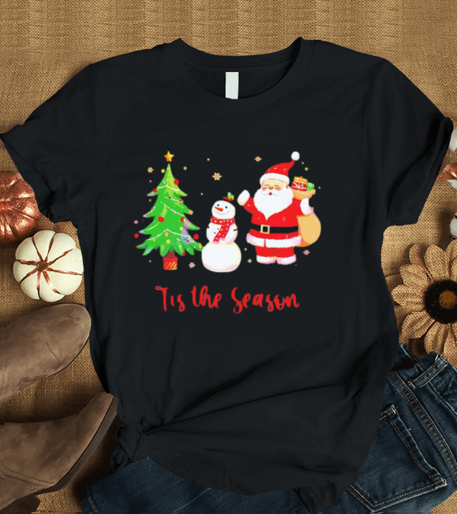 Tis the Season Santa Claus Snowman Christmas Tree T-Shirt
