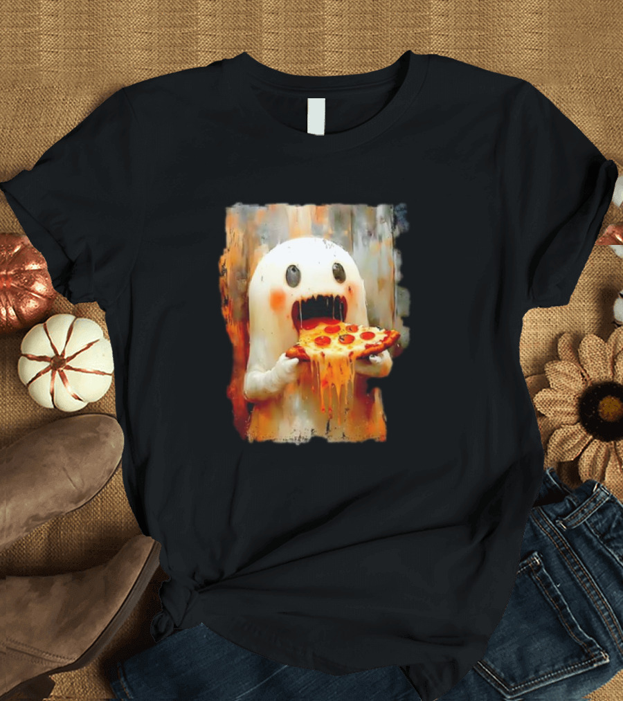 Cute Pizza Ghost Devouring Slice Funny Halloween Food Lovers T-Shirt
