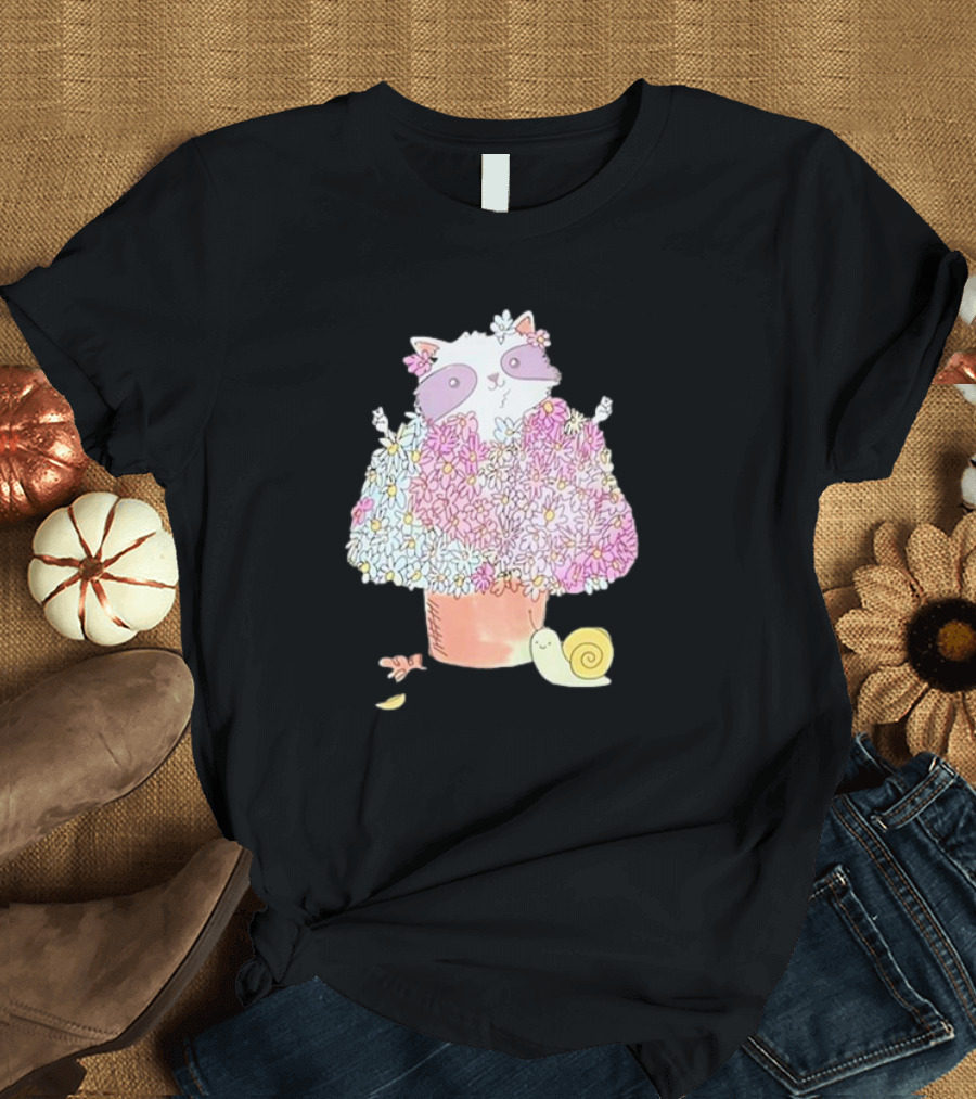 Raccoon in Floral Pot with Snail and Blossoms T-Shirt