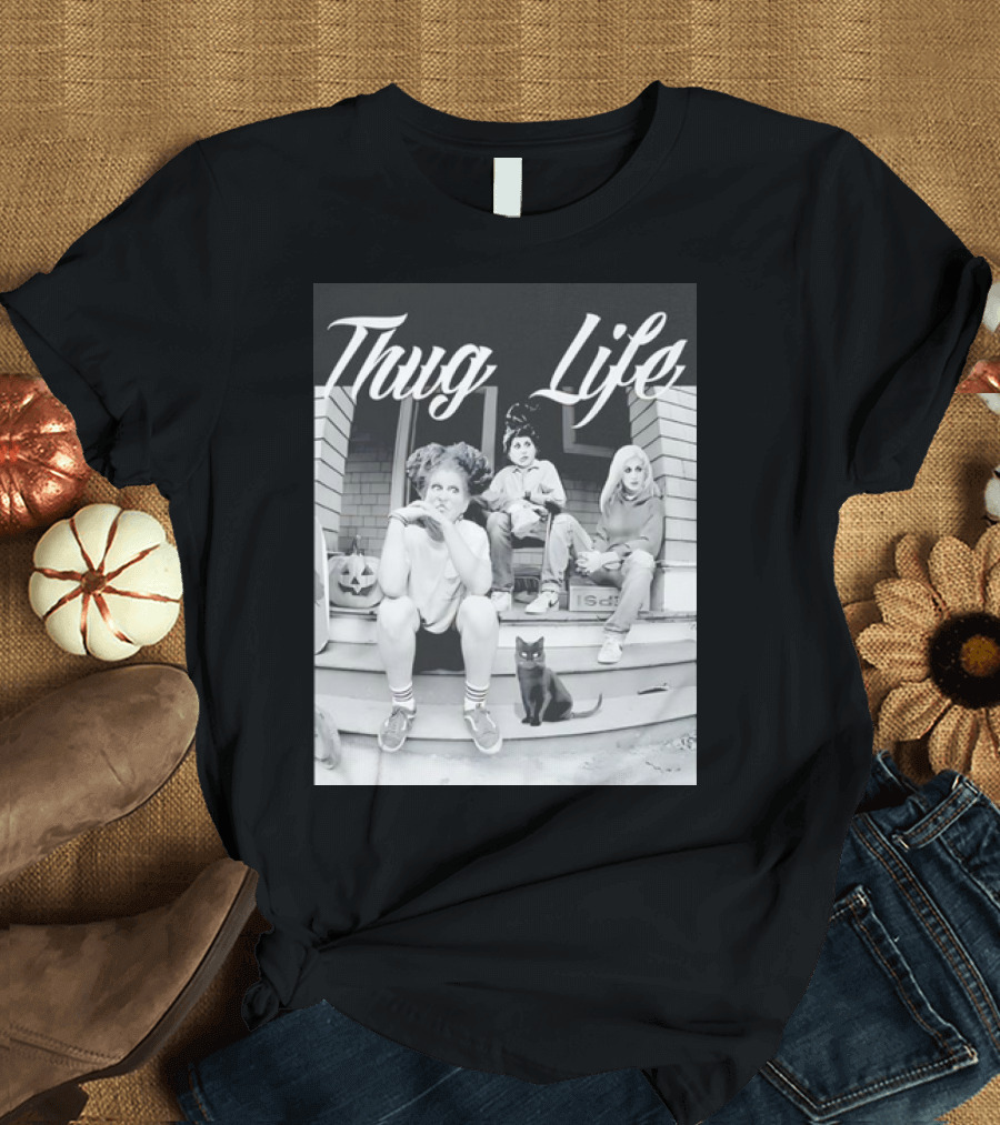 Hocus Pocus Thug Life Witchy Trio with Black Cat and Pumpkin Porch Scene T-Shirt