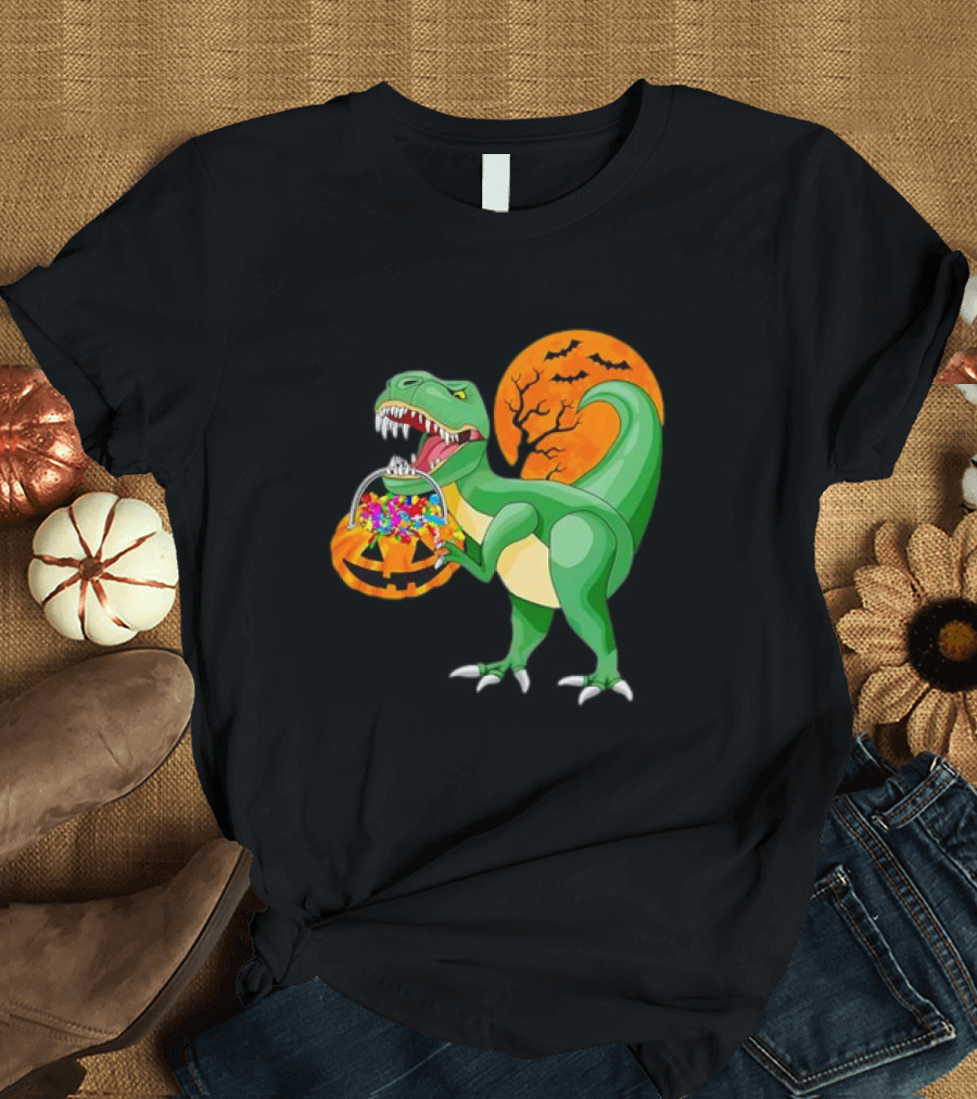 Halloween Dinosaur Pumpkin Scary Rex Cartoon Trick or Treat Moon Bats T-Shirt
