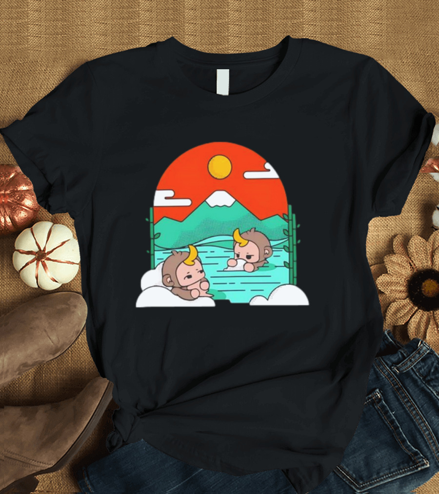 Connor Colquhoun The Tranquil Cute Monkeys in Vibrant Mountain Hot Spring Scenery with Sun and Clouds T-Shirt