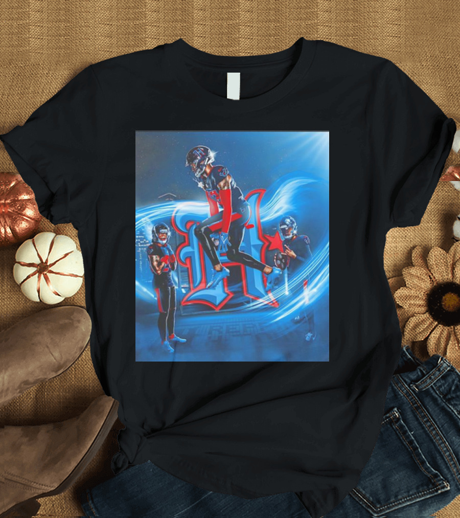 Houston Texans Tippin' H Logo with Football Players in Dynamic Action T-Shirt