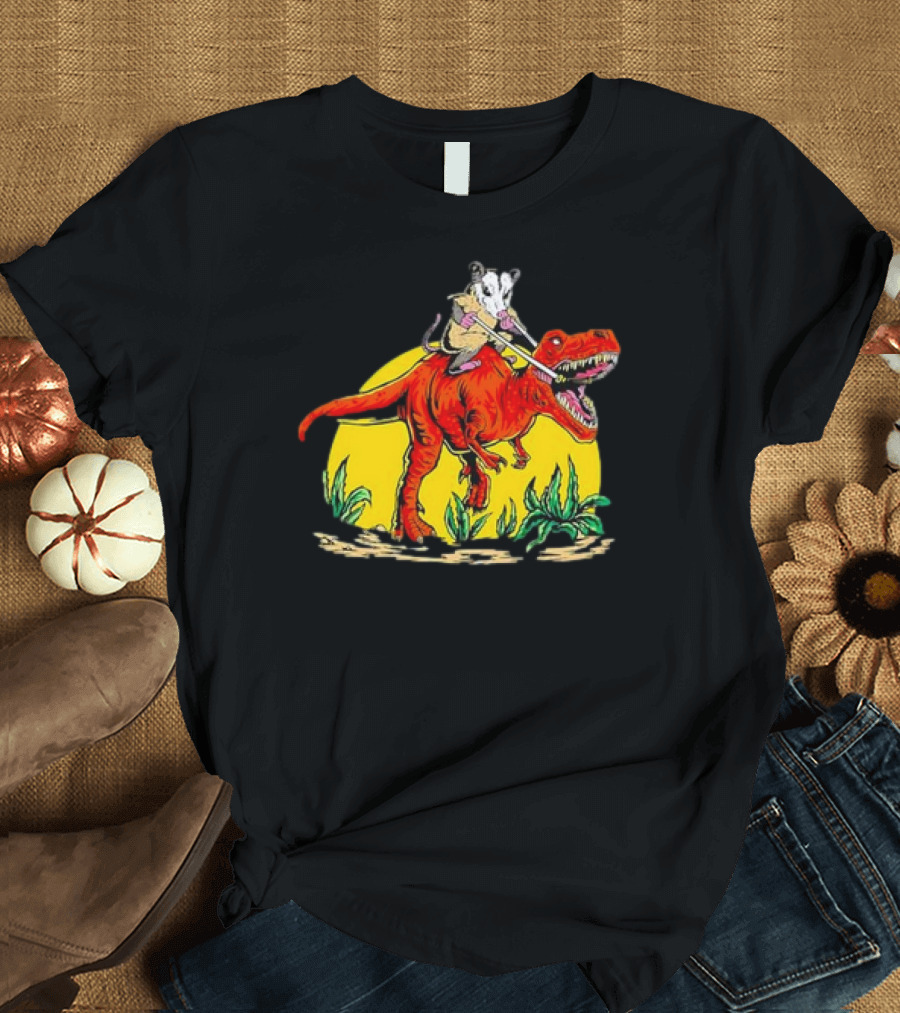 Opossum Riding T-Rex Dinosaur Retro Sunset Forest Scene T-Shirt