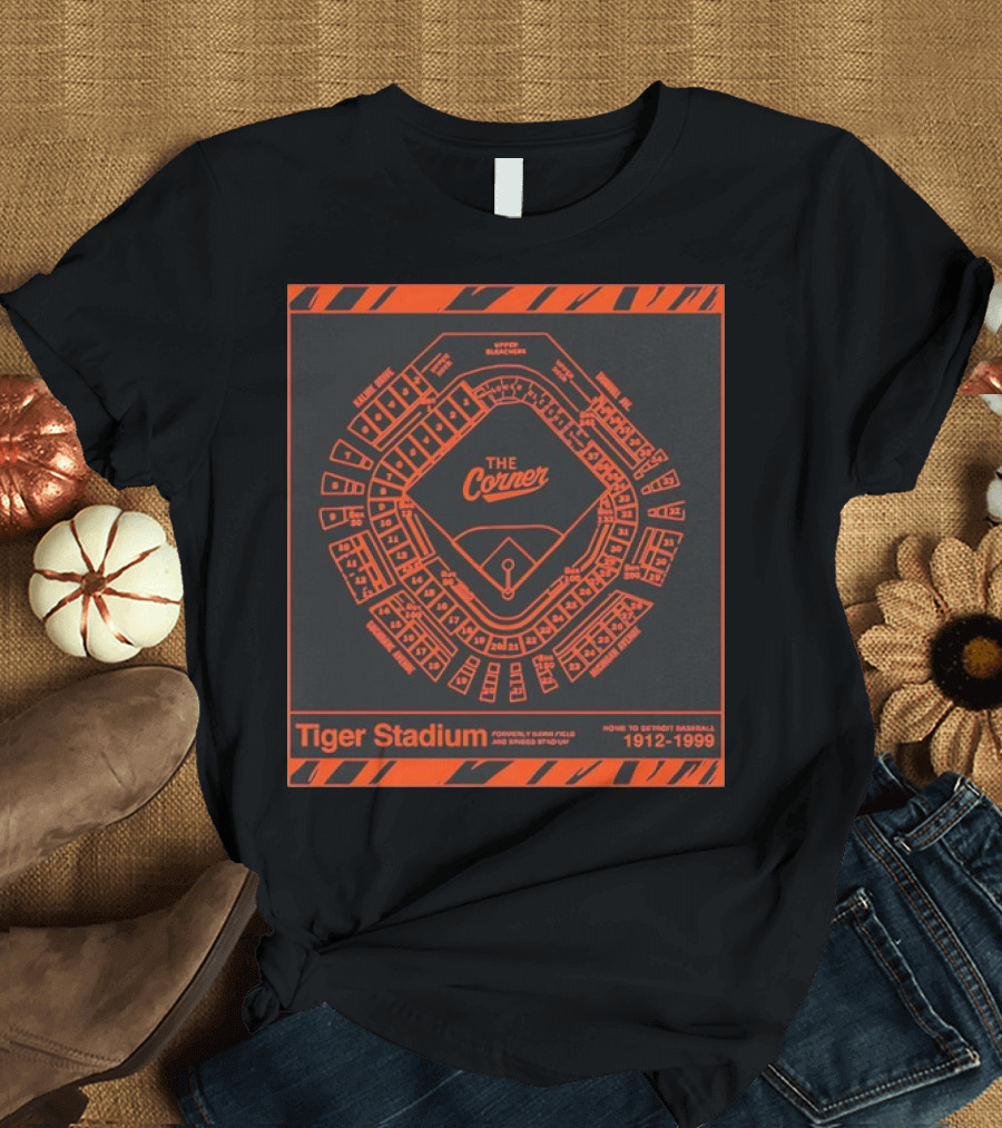 The Corner Tiger Stadium Detroit Baseball 1912-1999 Map T-Shirt