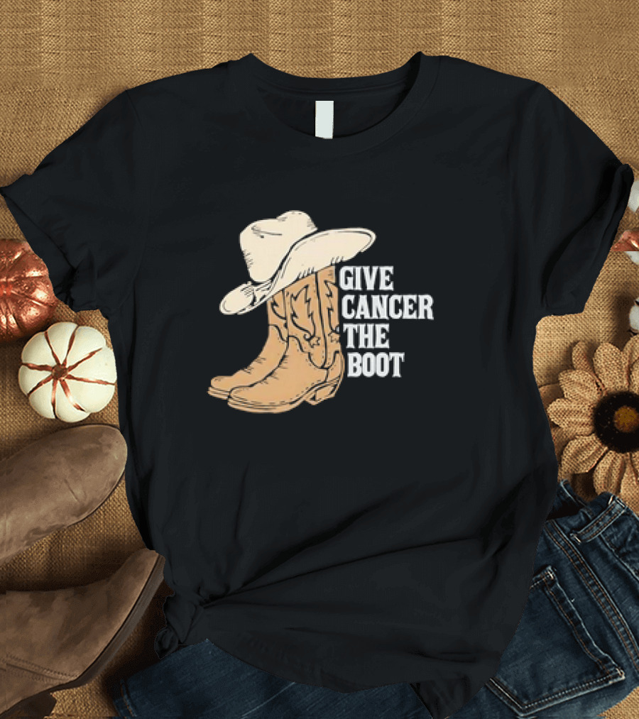 Give Cancer the Boot Retro Cowboy Hat and Boots T-Shirt