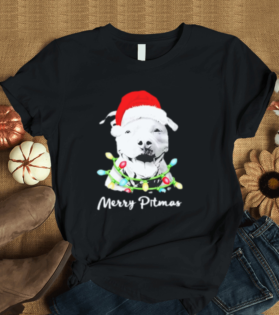 Merry Pitmas Pit Bull Santa with Christmas Tree Lights T-Shirt