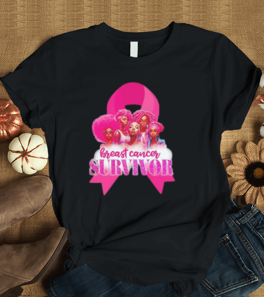 Breast Cancer Survivor Pink Ribbon Black Women Melanin Warrior T-Shirt