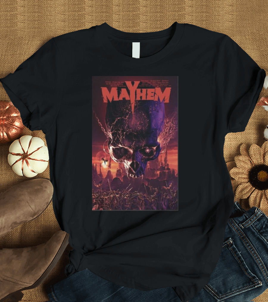 Mayhem Festival October 12th 2024 San Bernardino CA Skull and Battles Scene T-Shirt