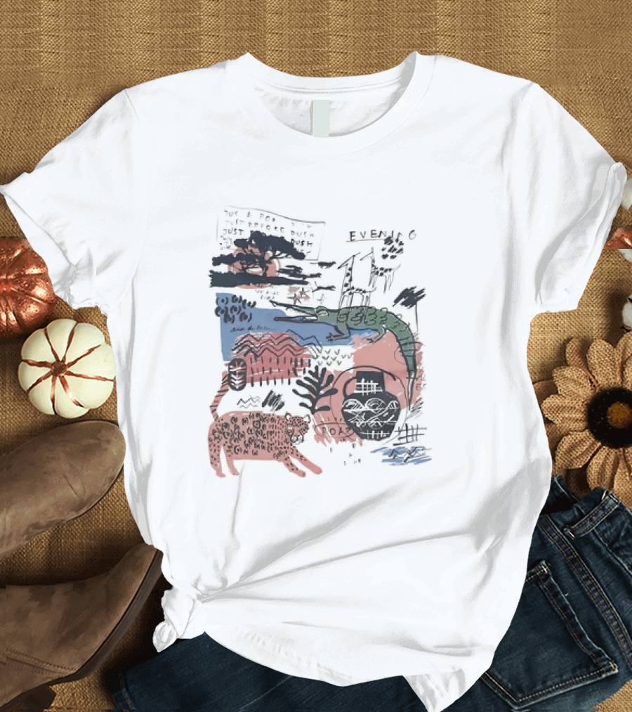 Evening Jungle Dusk Crocodile Leopard Scribble T-Shirt