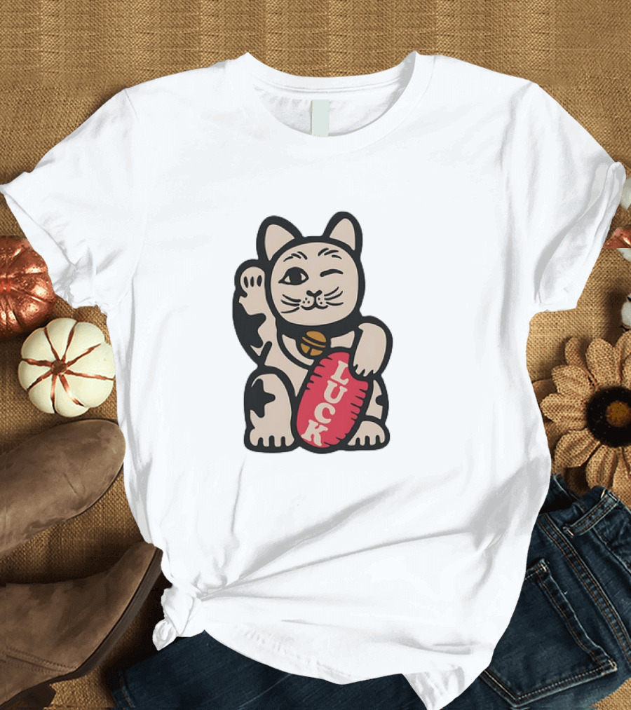 Maneki Lucky Cat Winking with Luck Sign T-Shirt