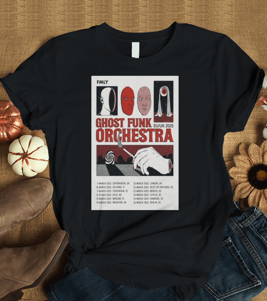 FMLY Ghost Funk Orchestra EU UK 2025 Tour Poster with Faces and Hand Symbol March Dates T-Shirt