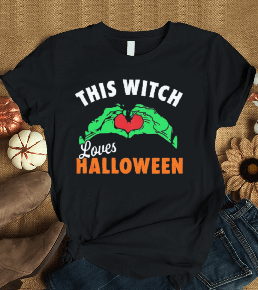 This Witch Loves Halloween Green Hands Heart T-Shirt