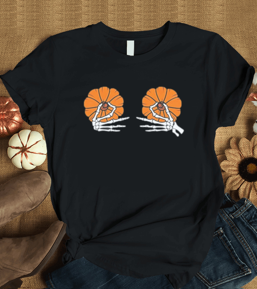 Skeleton Hands Holding Orange Pumpkins Halloween T-Shirt