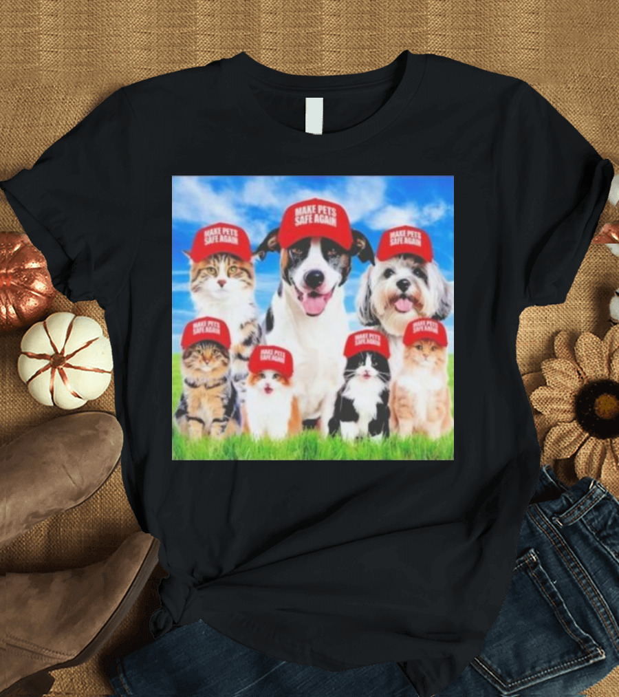 Six Cats and Dogs Wearing Red Make Pets Safe Again Hats on Green Grass T-Shirt