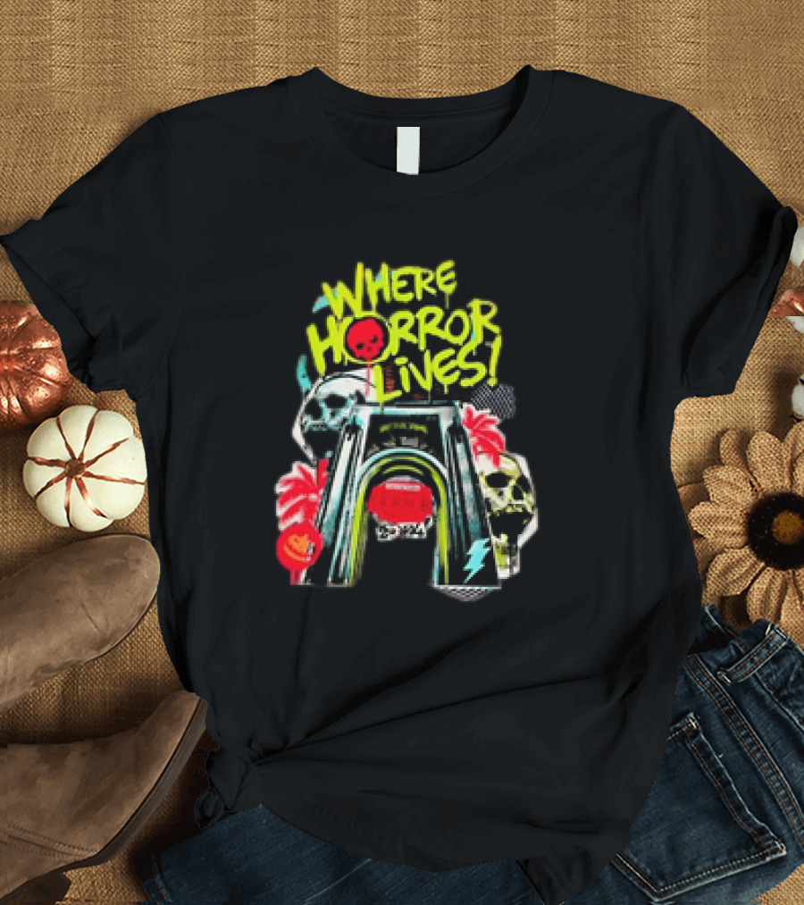 Where Horror Lives Halloween Horror Nights 2024 Skull Portal and Palm Trees T-Shirt