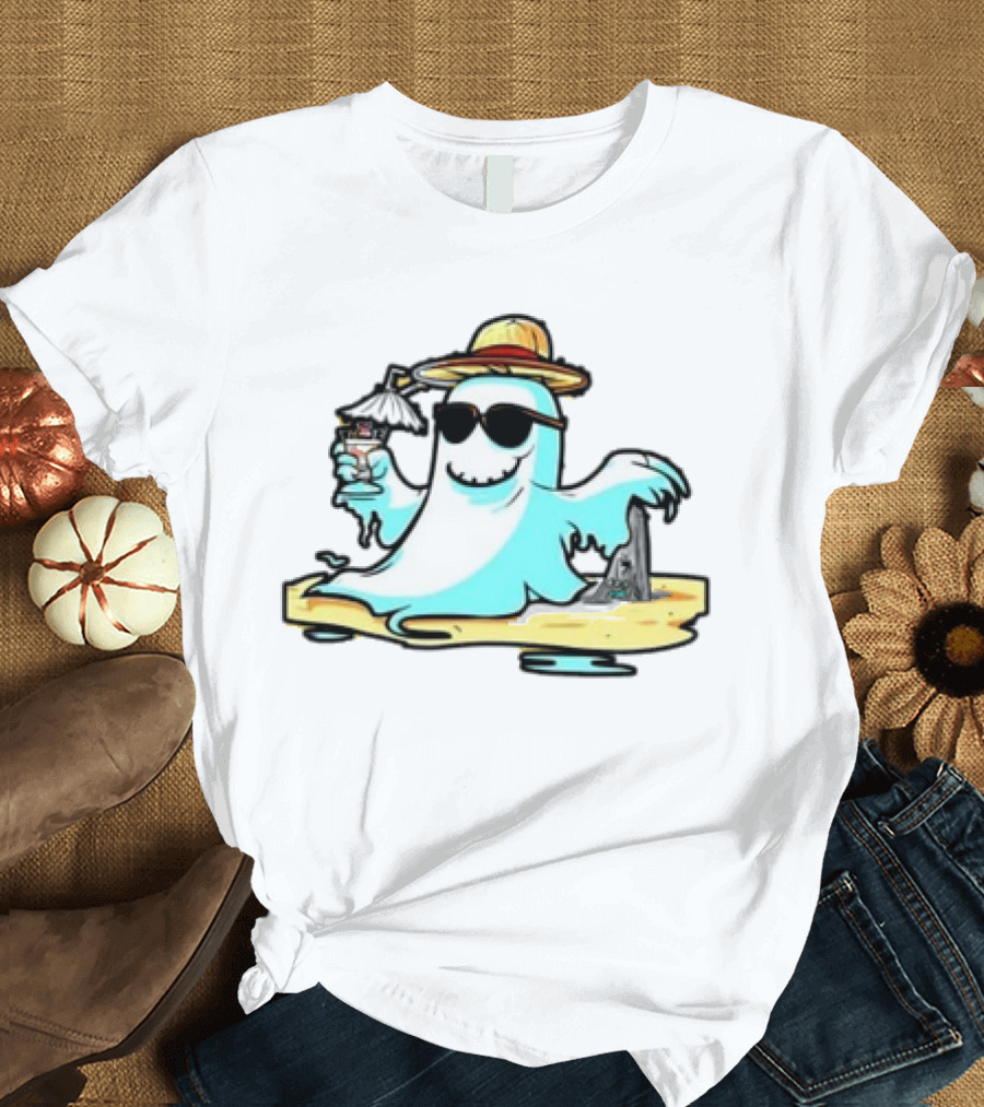 Relaxing Ghost on Vacation with Beach Vibes and Halloween Fun T-Shirt
