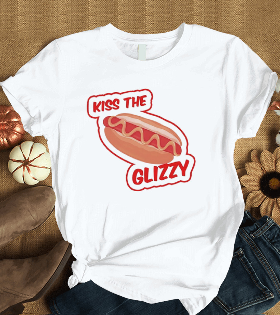 Kiss the Glizzy Hot Dog Bold Text with Mustard and Ketchup T-Shirt