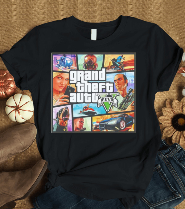 T-Shirt: Grand Theft Auto V Five Helicopter Dog Racecar Characters Montage T-Shirt Grand Theft Auto V Five Helicopter Dog Racecar Characters Montage T-Shirt