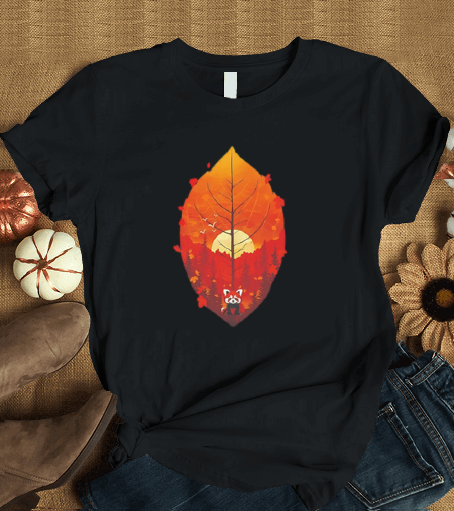 Panda Red Leaf Forest Sunset T-Shirt