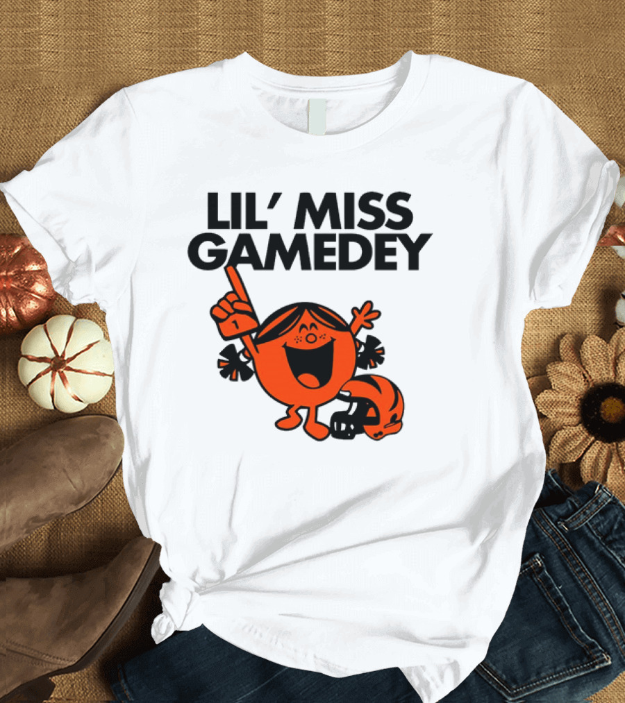 Lil Miss Gamedey Cincinnati Bengals Football Fandom Icon with Cheerful Character and Helmet T-Shirt