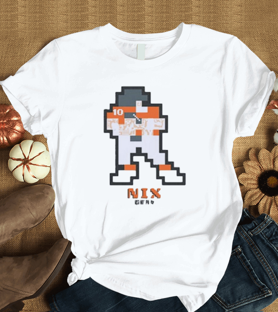 Denver Broncos Bo Nix 10 Orange and White 8-Bit Retro T-Shirt