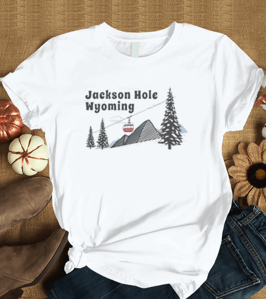 Jackson Hole Wyoming Mountain Gondola with Evergreen Trees and Ski Slope T-Shirt