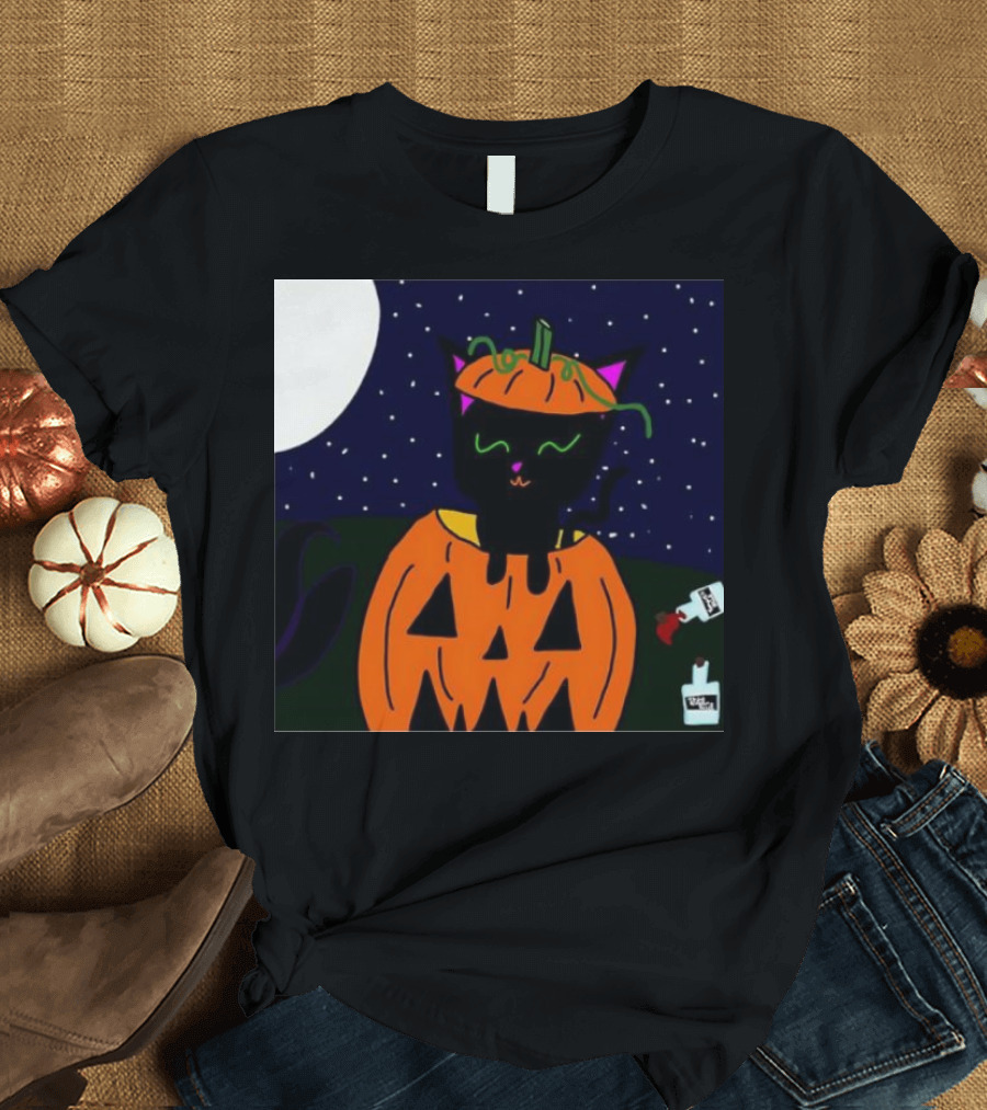 Cat O’Lantern Halloween Black Cat in Pumpkin Under Moon with Milk Carton T-Shirt