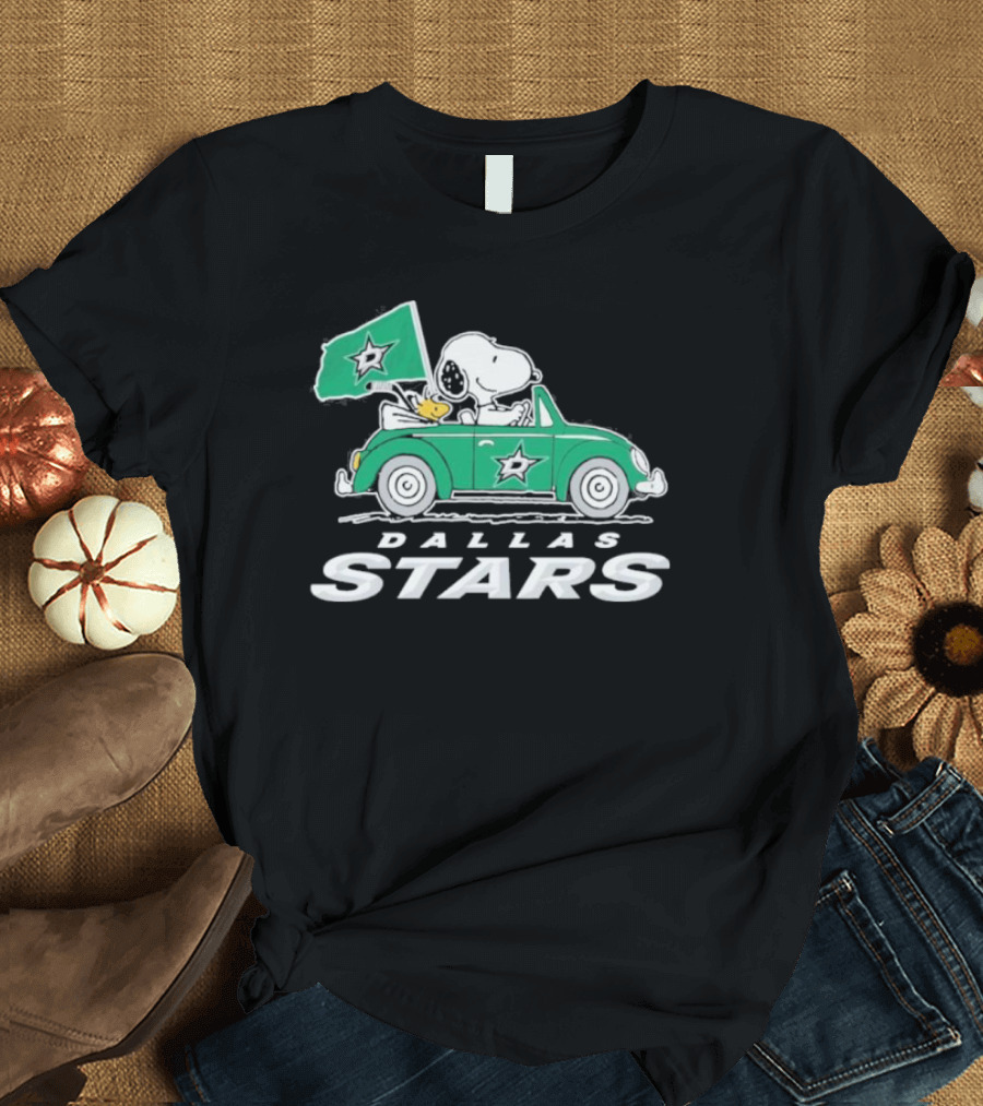 Snoopy and Woodstock Driving Green Car with Dallas Stars Flag T-Shirt
